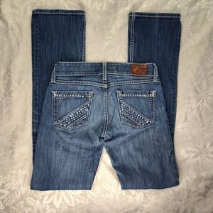 BKE Stella Jeans Womens26L Lowrise Slim Fit Bootcut Rhinestone Medium Wash